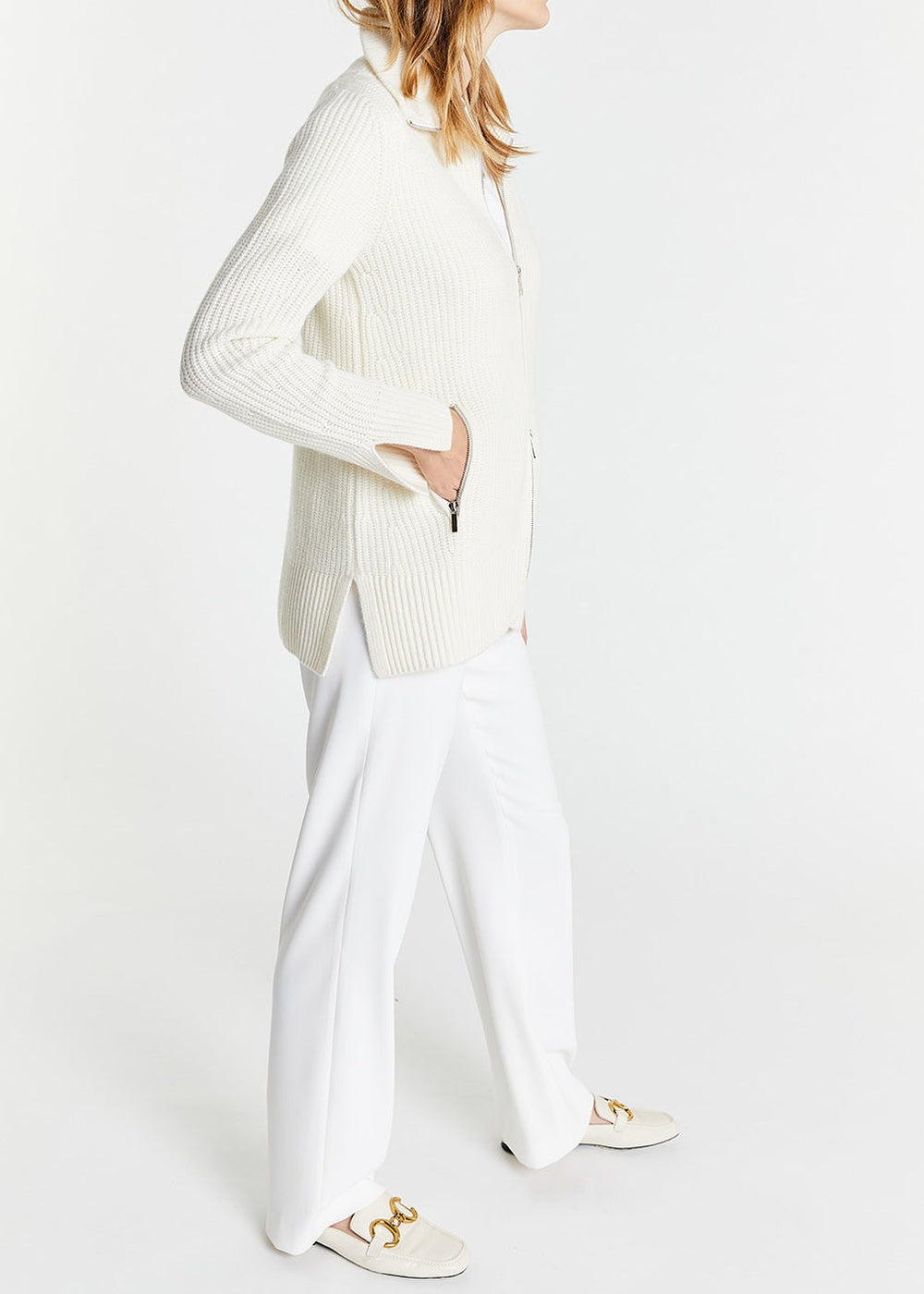 Gilet côtelé et zippé en cachemire - Blanc Cassé
