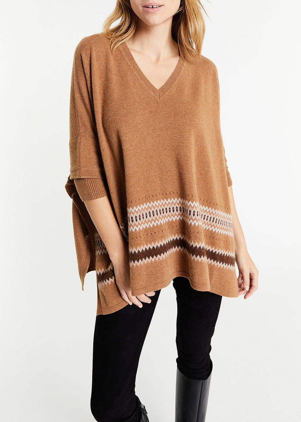 Pull poncho à motif géométrique en cachemire - Camel