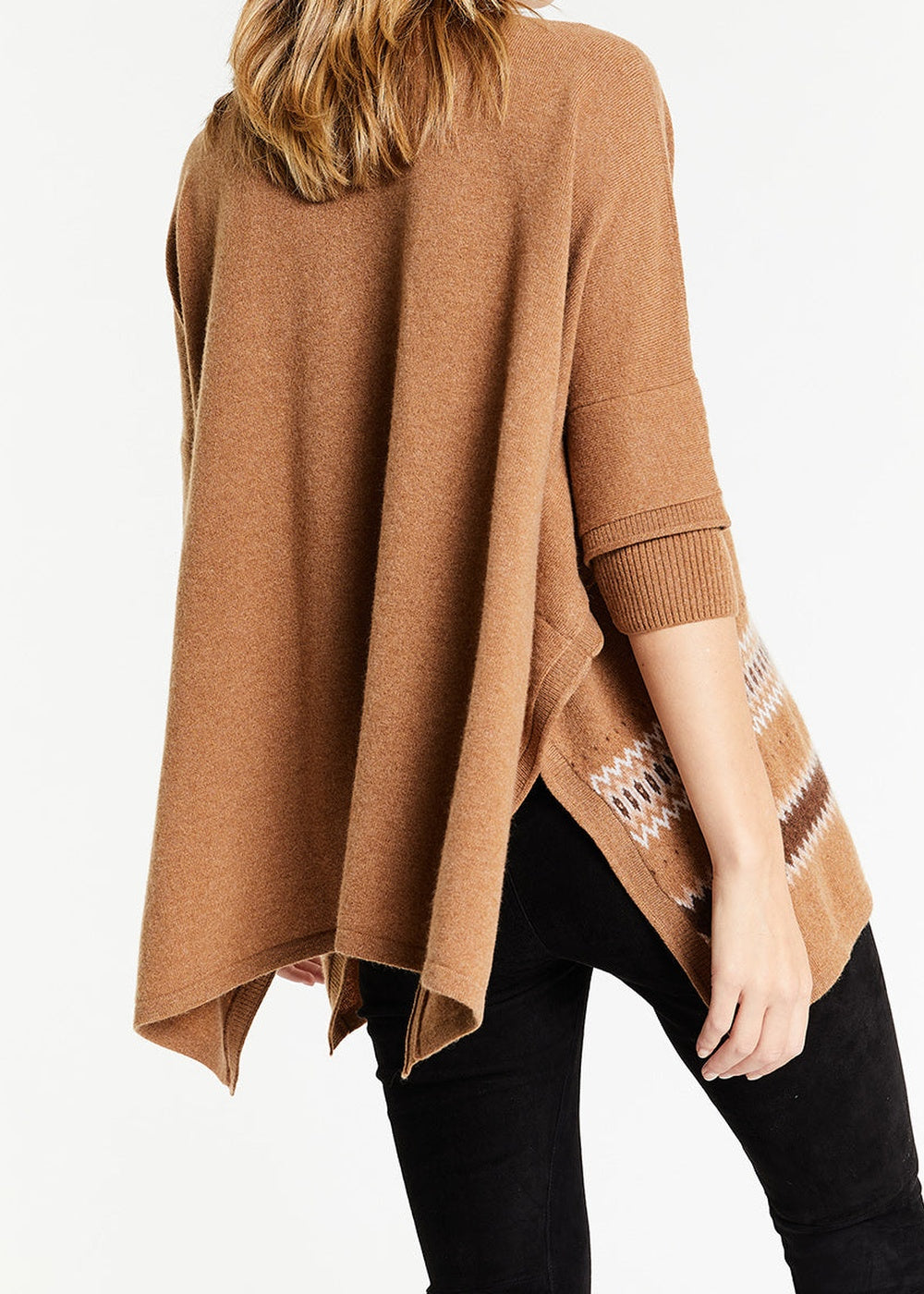 Pull poncho à motif géométrique en cachemire - Camel