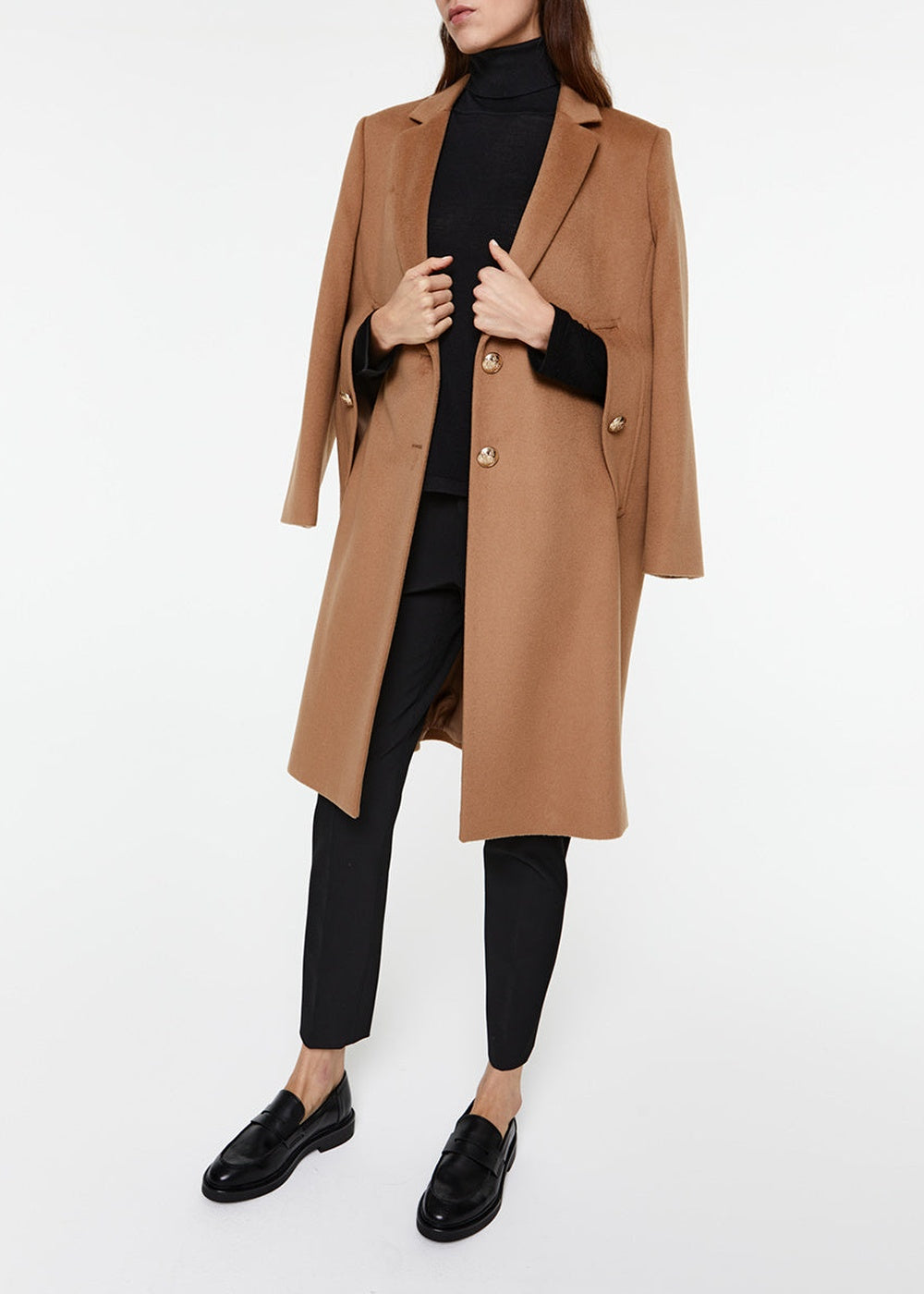 Manteau droit long en laine - Noir