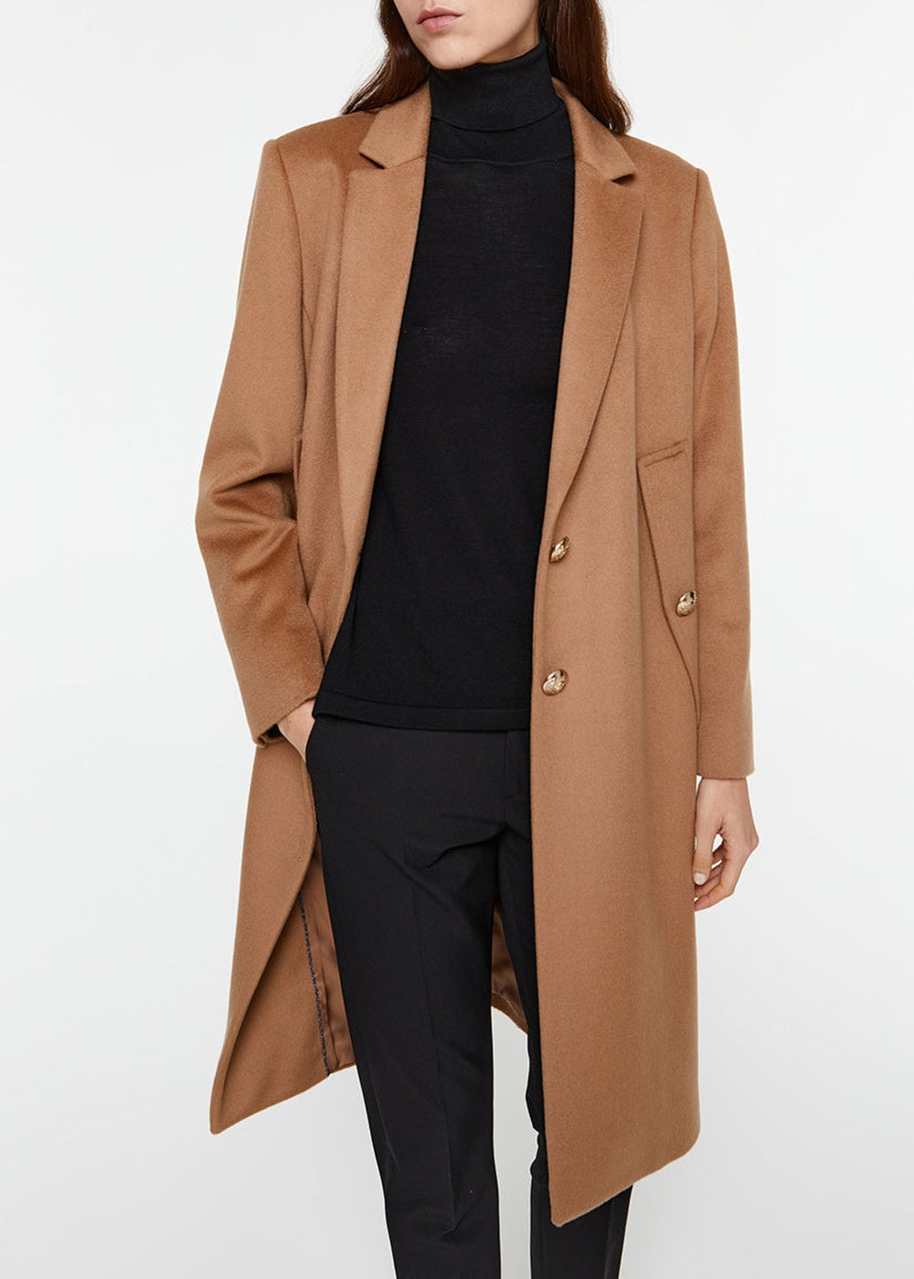 Manteau droit long en laine - Noir