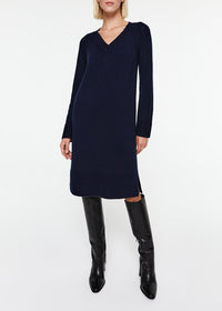 Robe longue col V en laine & cachemire - Marine
