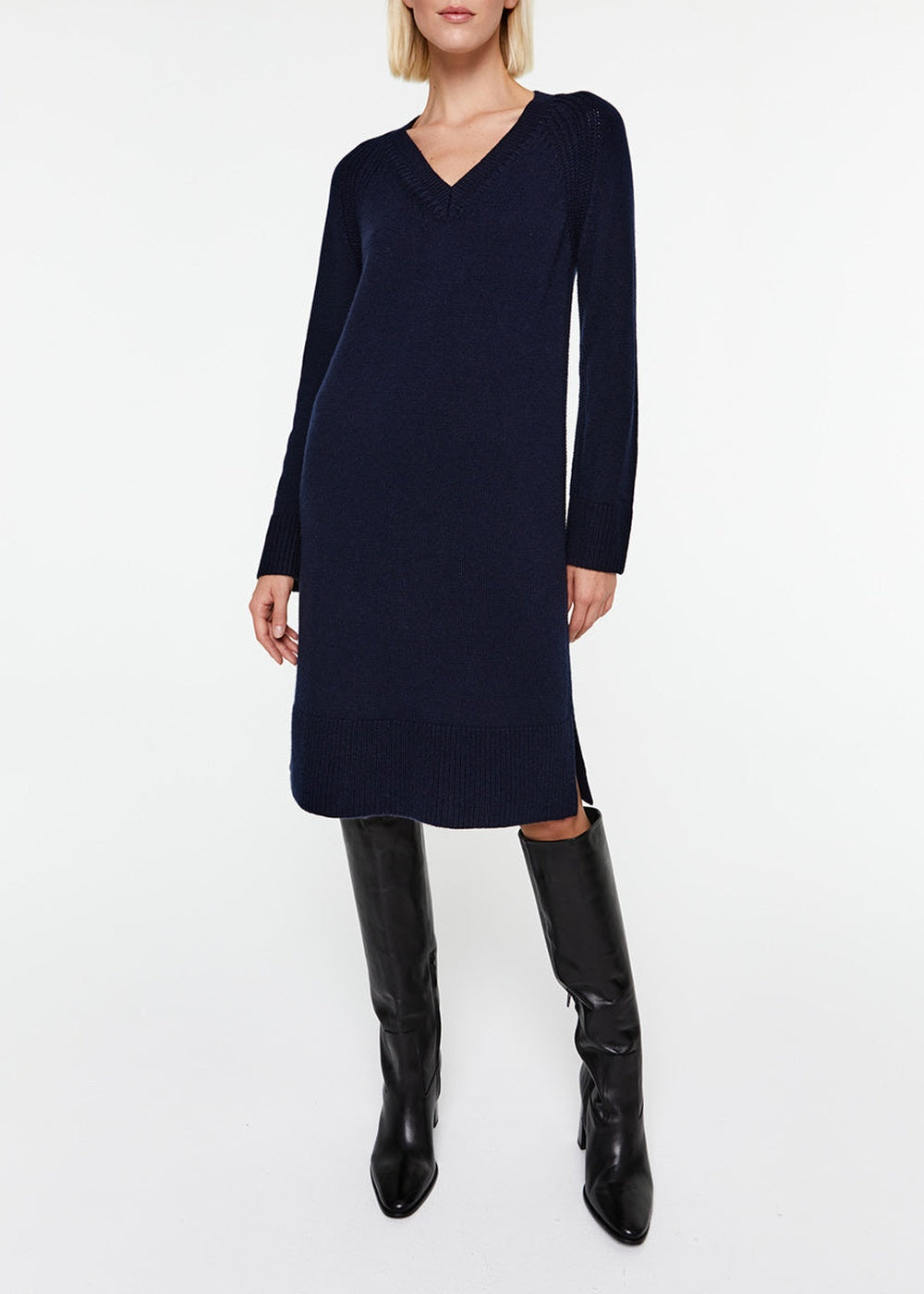 Robe longue col V en laine & cachemire - Marine