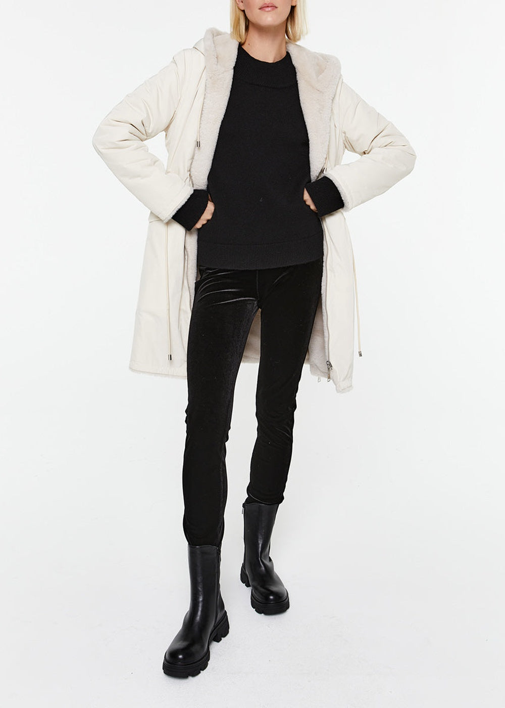 Manteau long doublé de fausse fourrure - Noir
