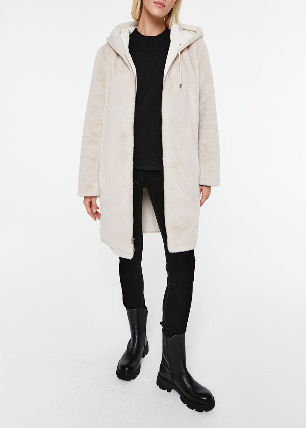 Manteau long doublé de fausse fourrure - Noir