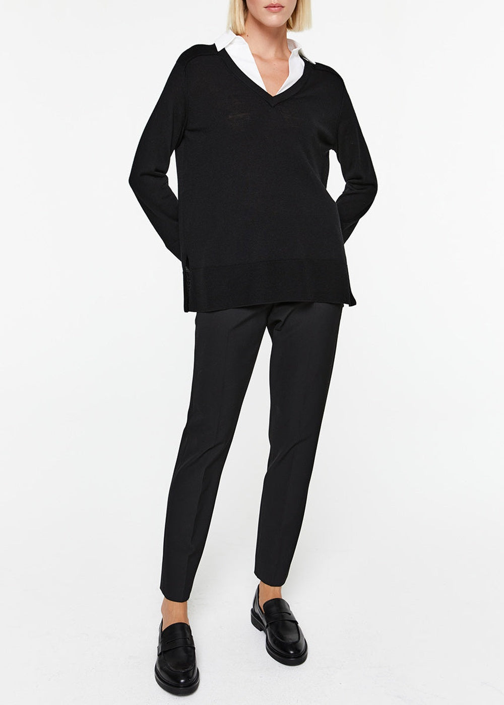 Wool jumper with shirt-style detailing - Black
