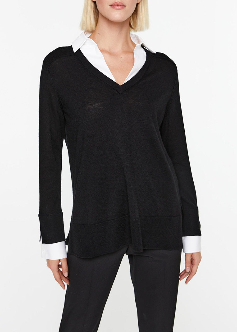 Wool jumper with shirt-style detailing - Black