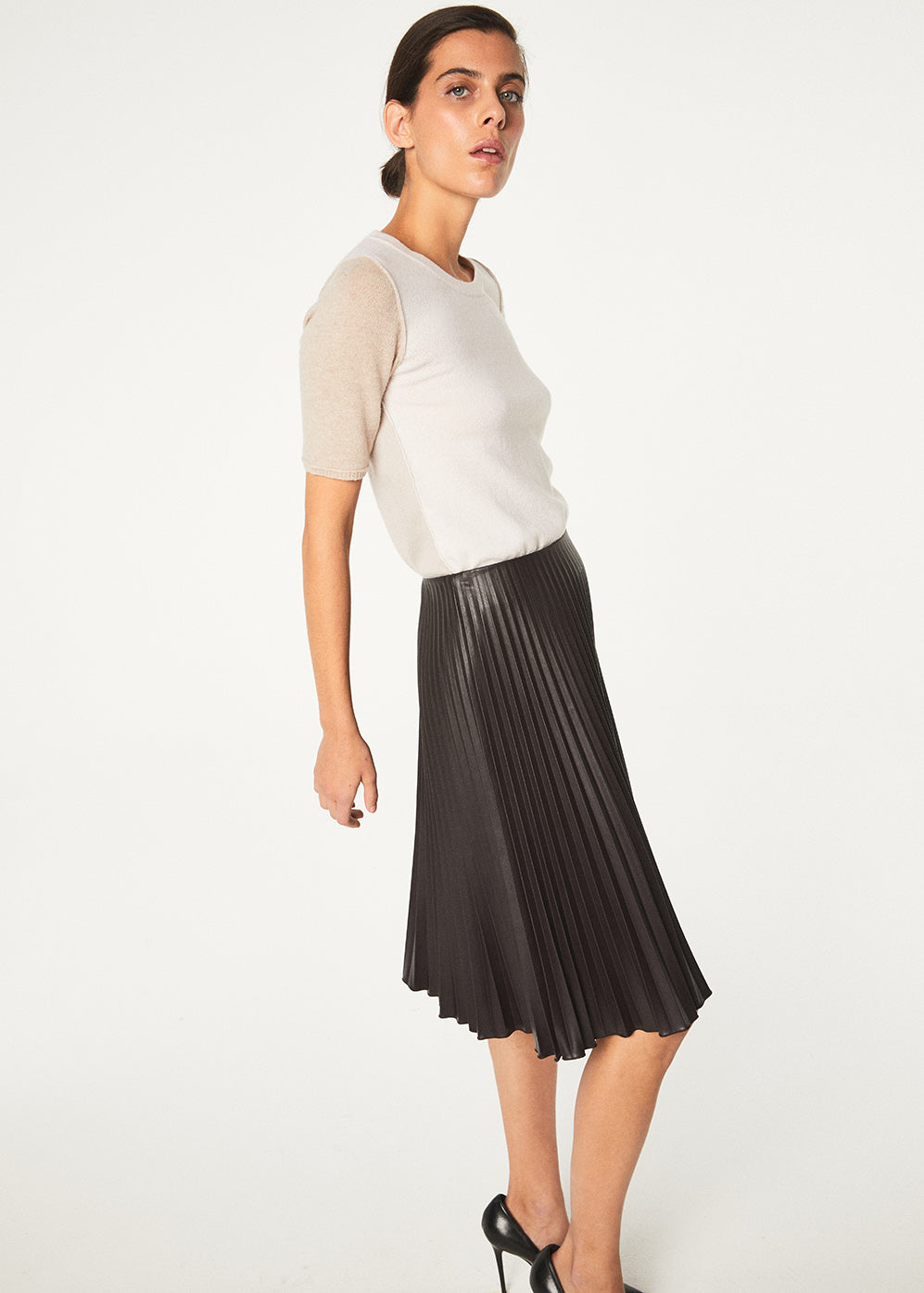 Jupe plisse faux cuir - Marron Foncé