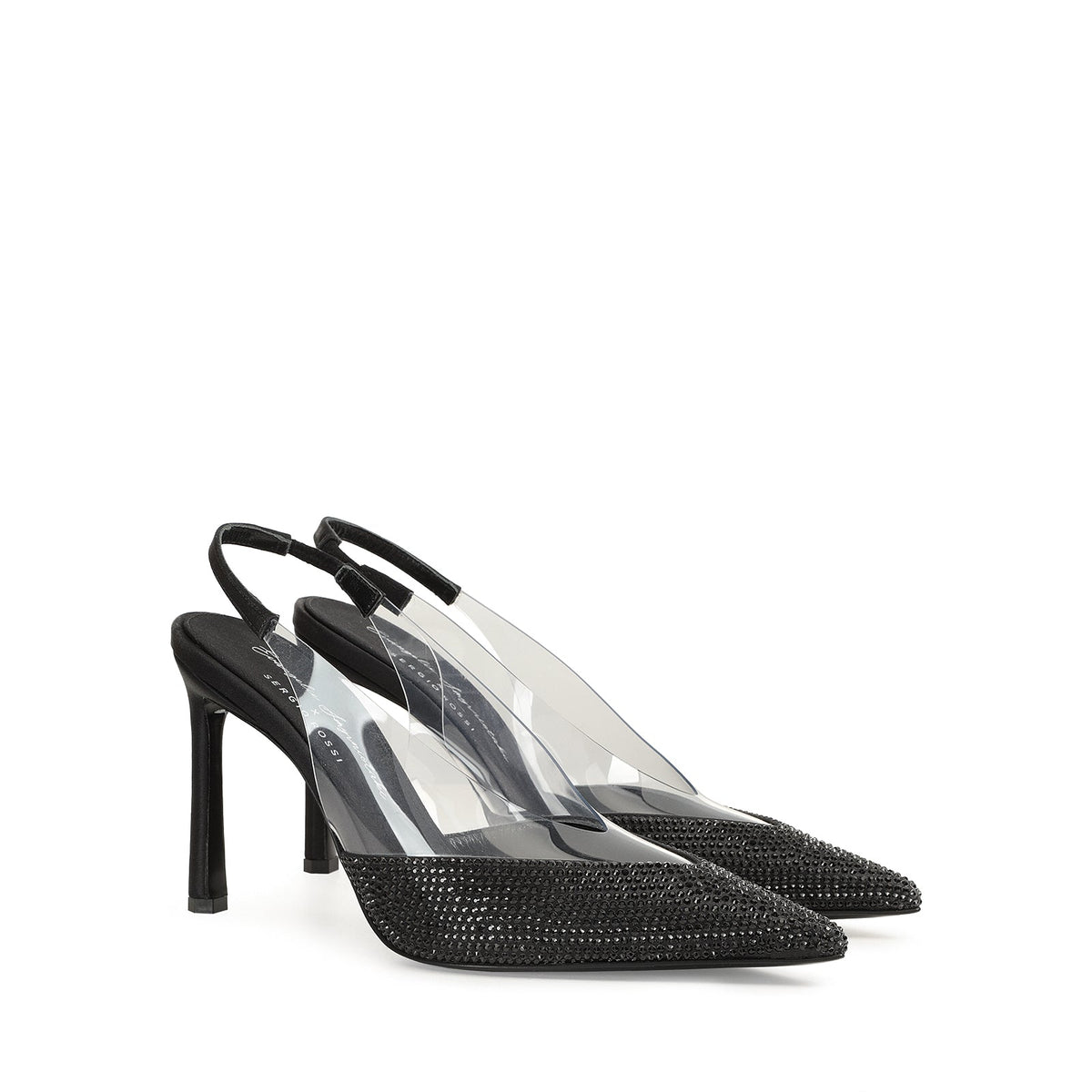 Slingbacks à talons Evangelie 95 en soie - Nero & Jet & Trasparent