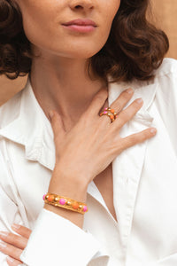 Bracelet Tribal doré à l'or fin et émail - Rose & Orange