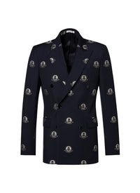 Veste croisée en laine à motifs - Bleu Marine