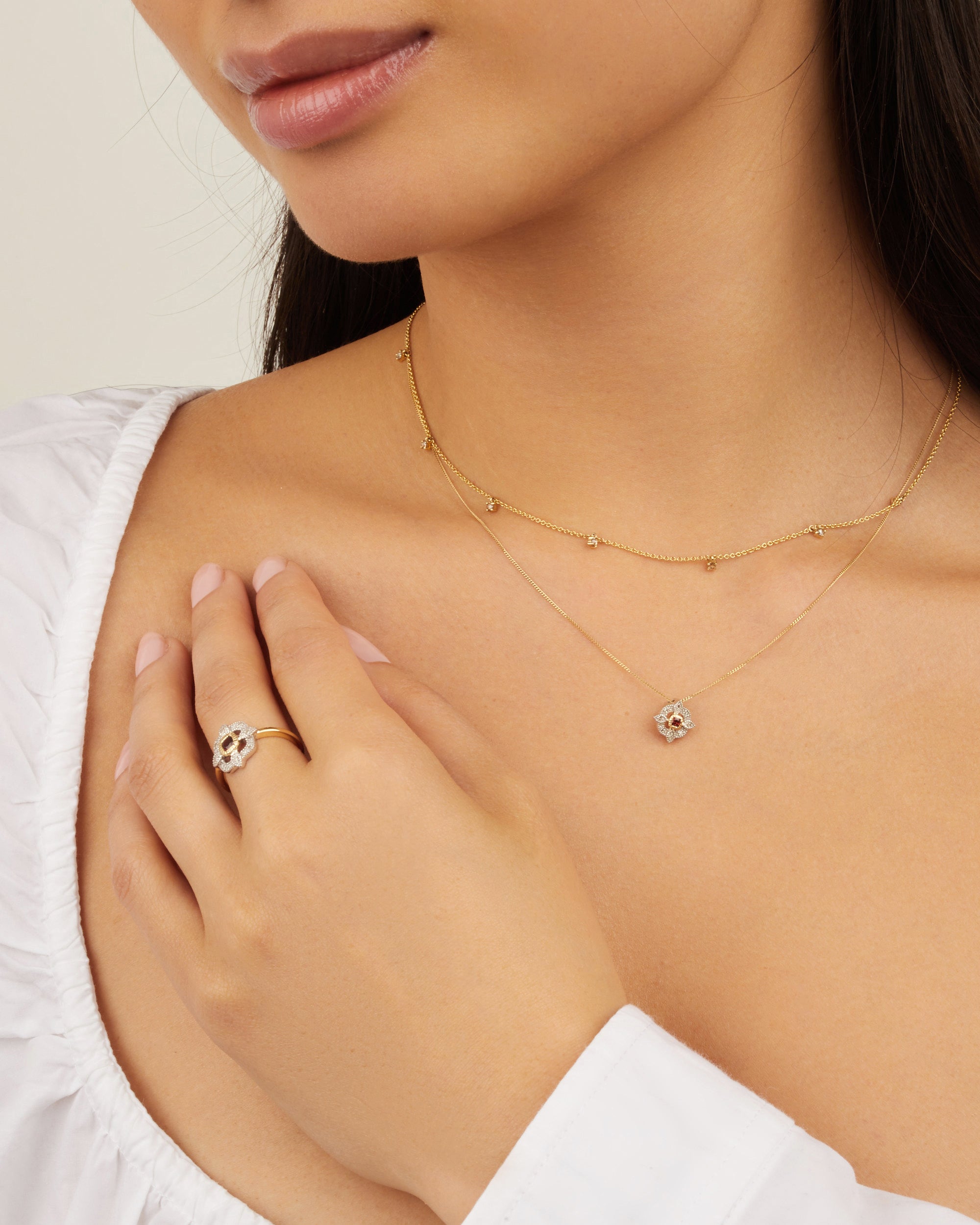 Collier en or jaune et argent sertie de diamant - Diamant & Grenat