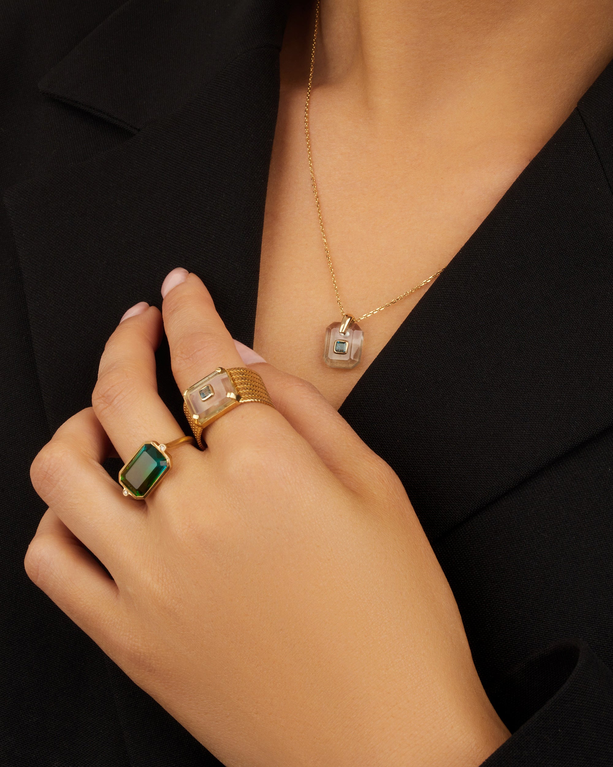 Yellow gold pavé ring - Aquamarine & London blue topaz