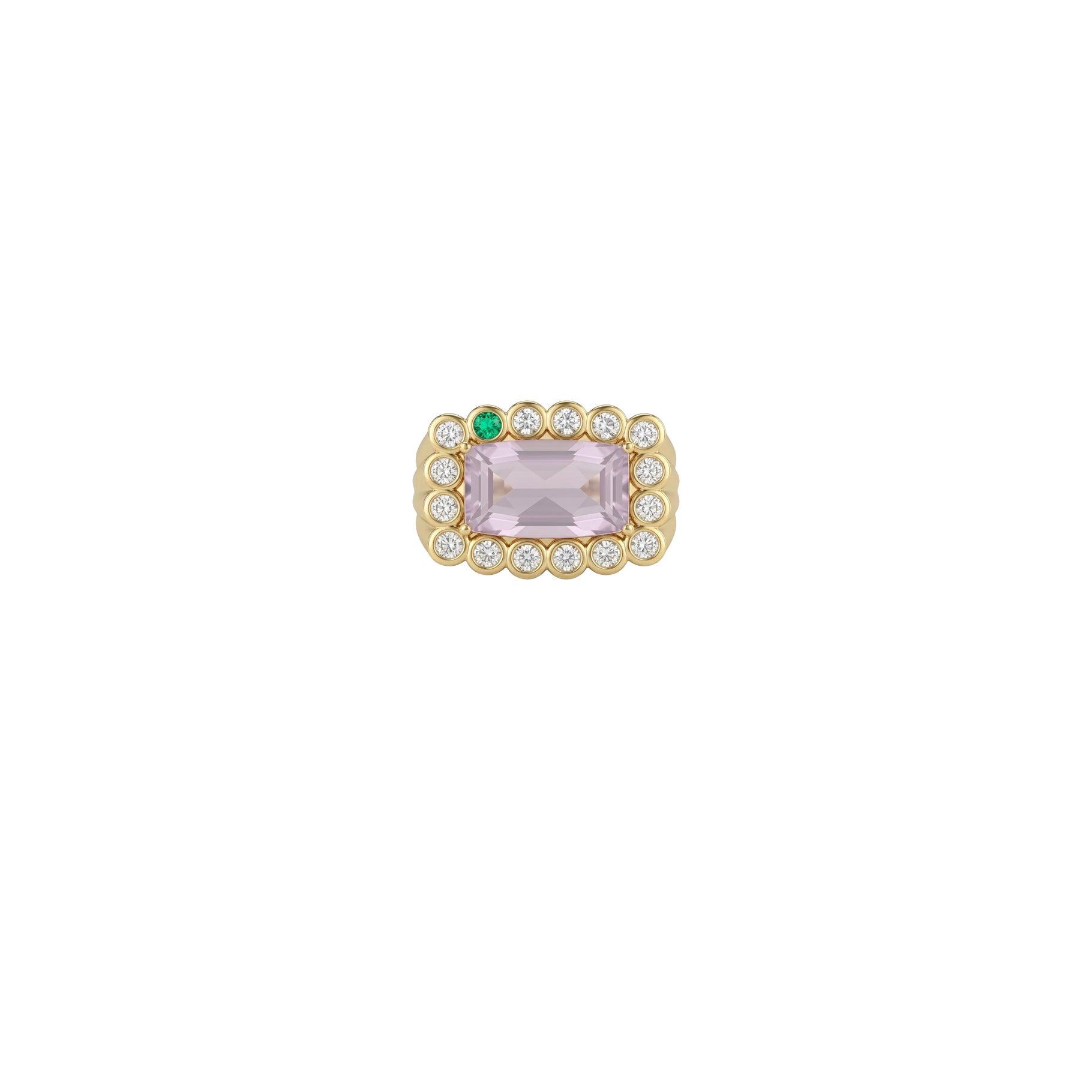 Yellow Gold Diamond Ring - Pink Quartz & Emerald