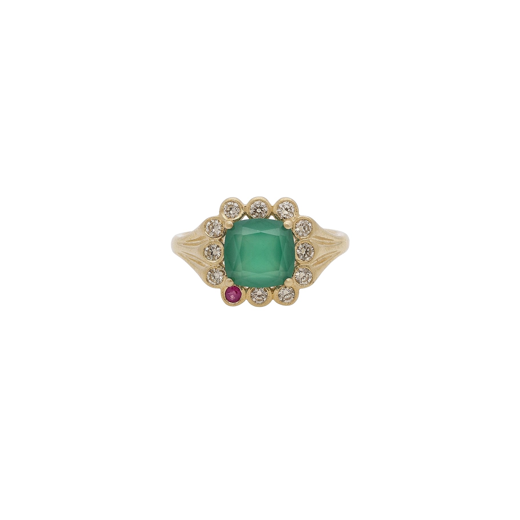 Bague en or jaune sertie de diamant - Calcédoine verte & Rubis