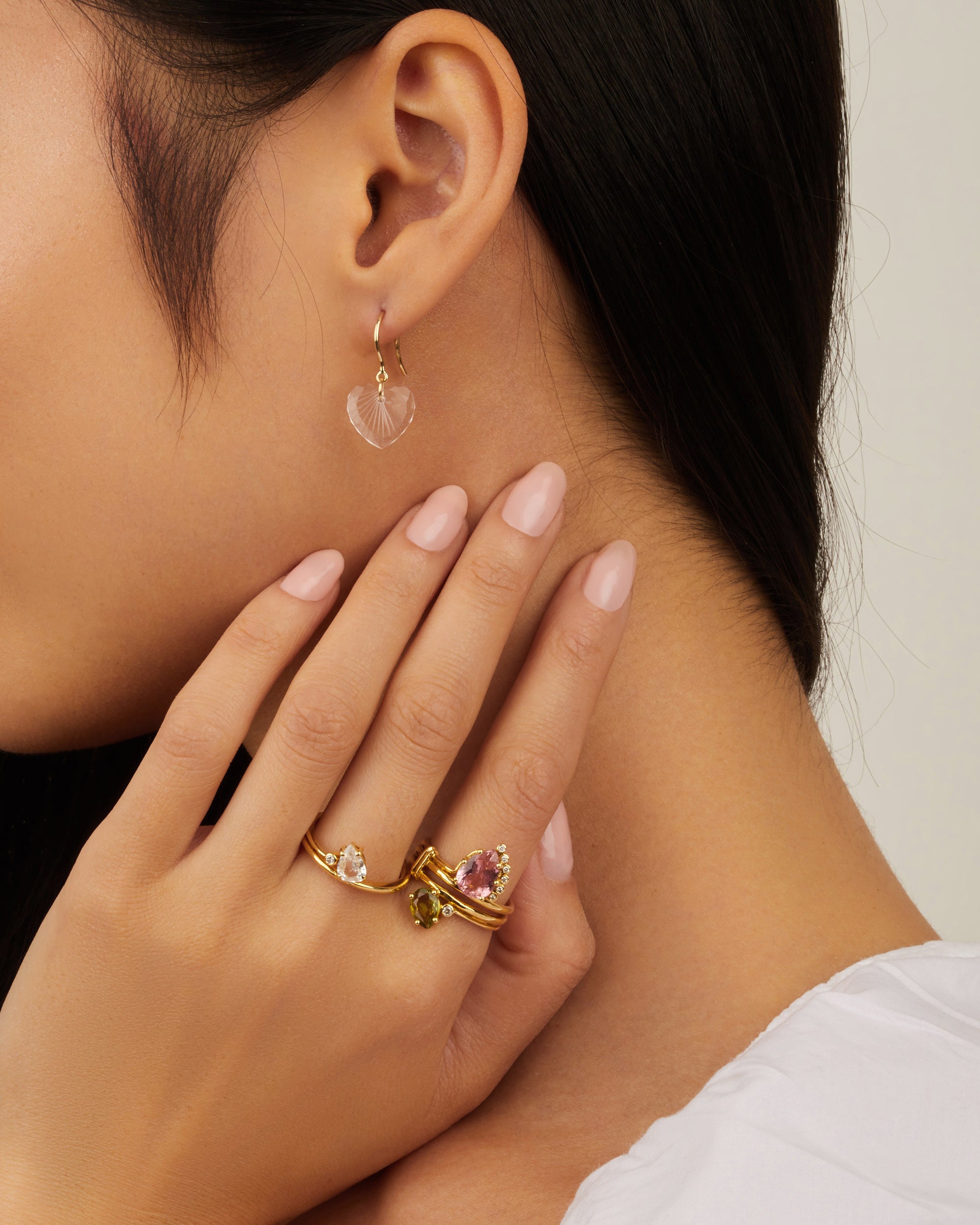 Bague double en or jaune avec diamant - Tourmaline rose & Tourmaline verte & Diamant