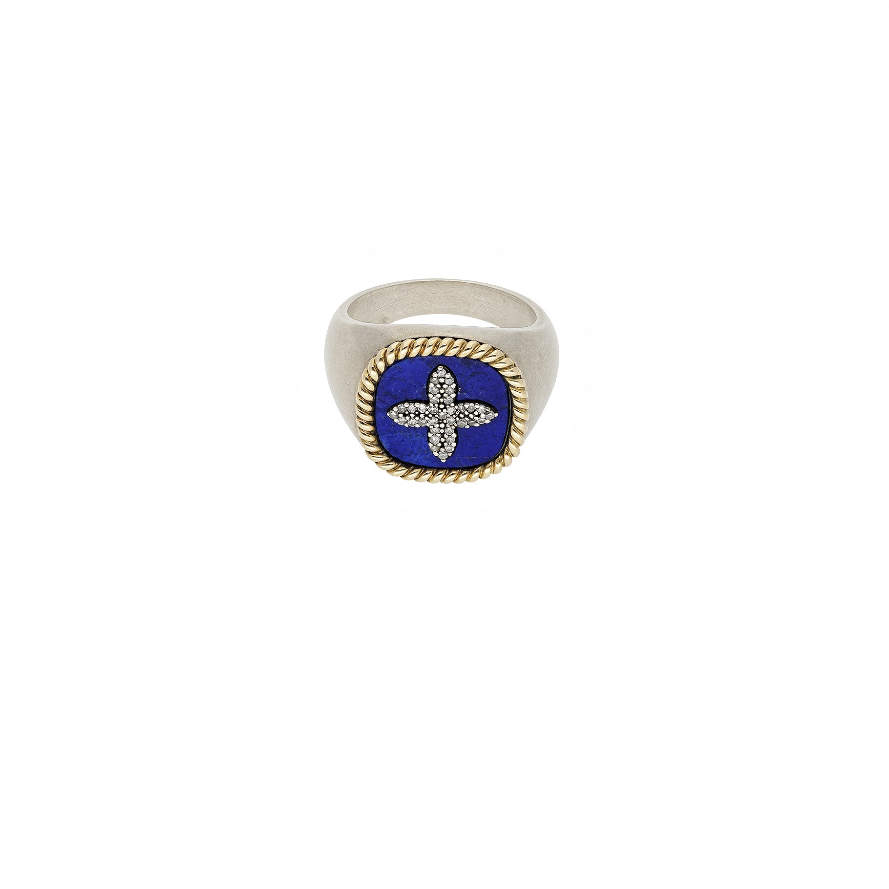 Yellow Gold and Silver Cross Chevalière with Diamond - Diamond & Lapis Lazuli