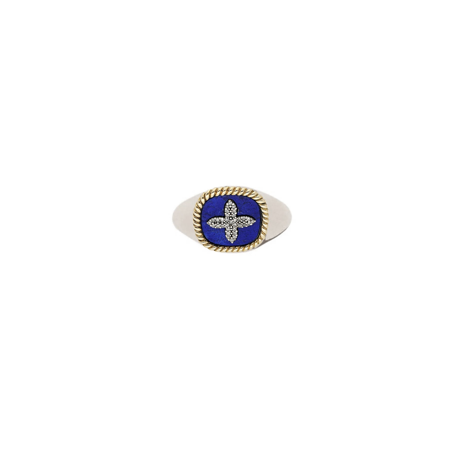 Yellow Gold and Silver Cross Chevalière with Diamond - Diamond & Lapis Lazuli