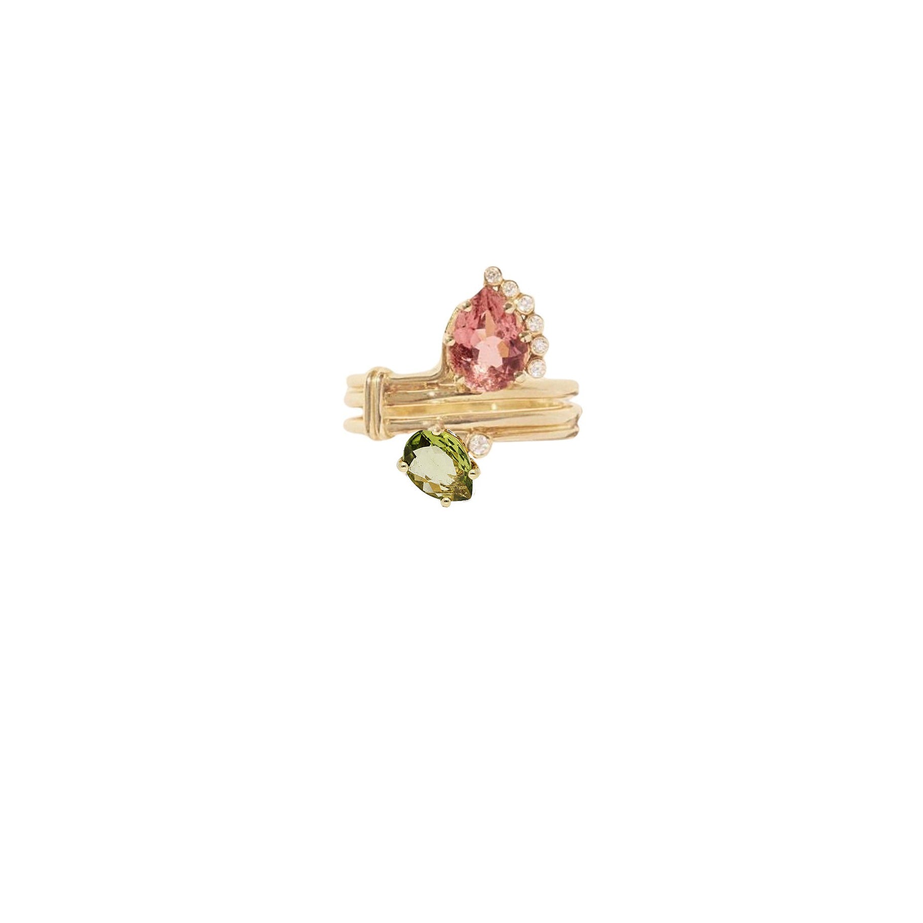 Bague double en or jaune avec diamant - Tourmaline rose & Tourmaline verte & Diamant