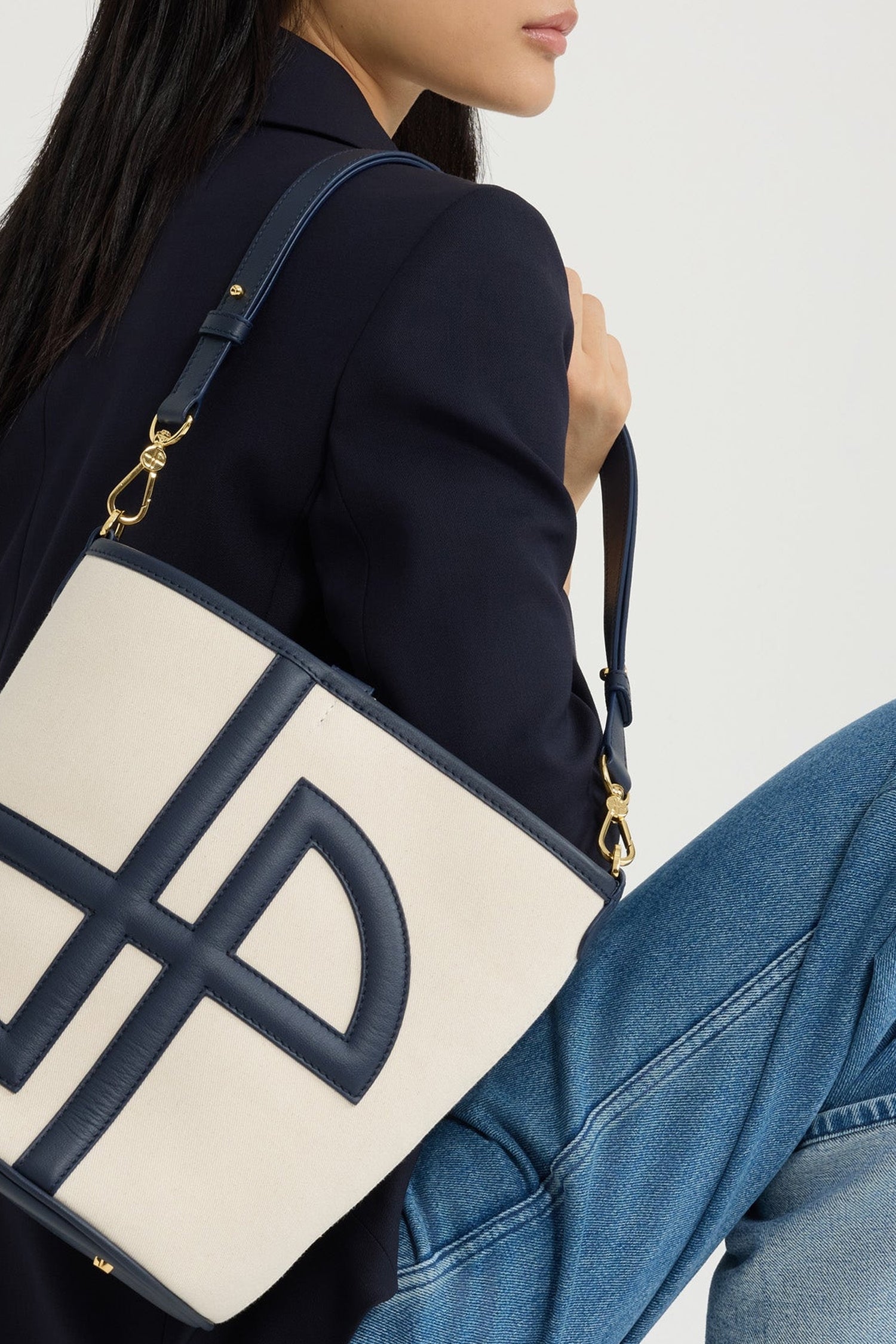 Sac seau JP en cuir et coton - Bleu Marine