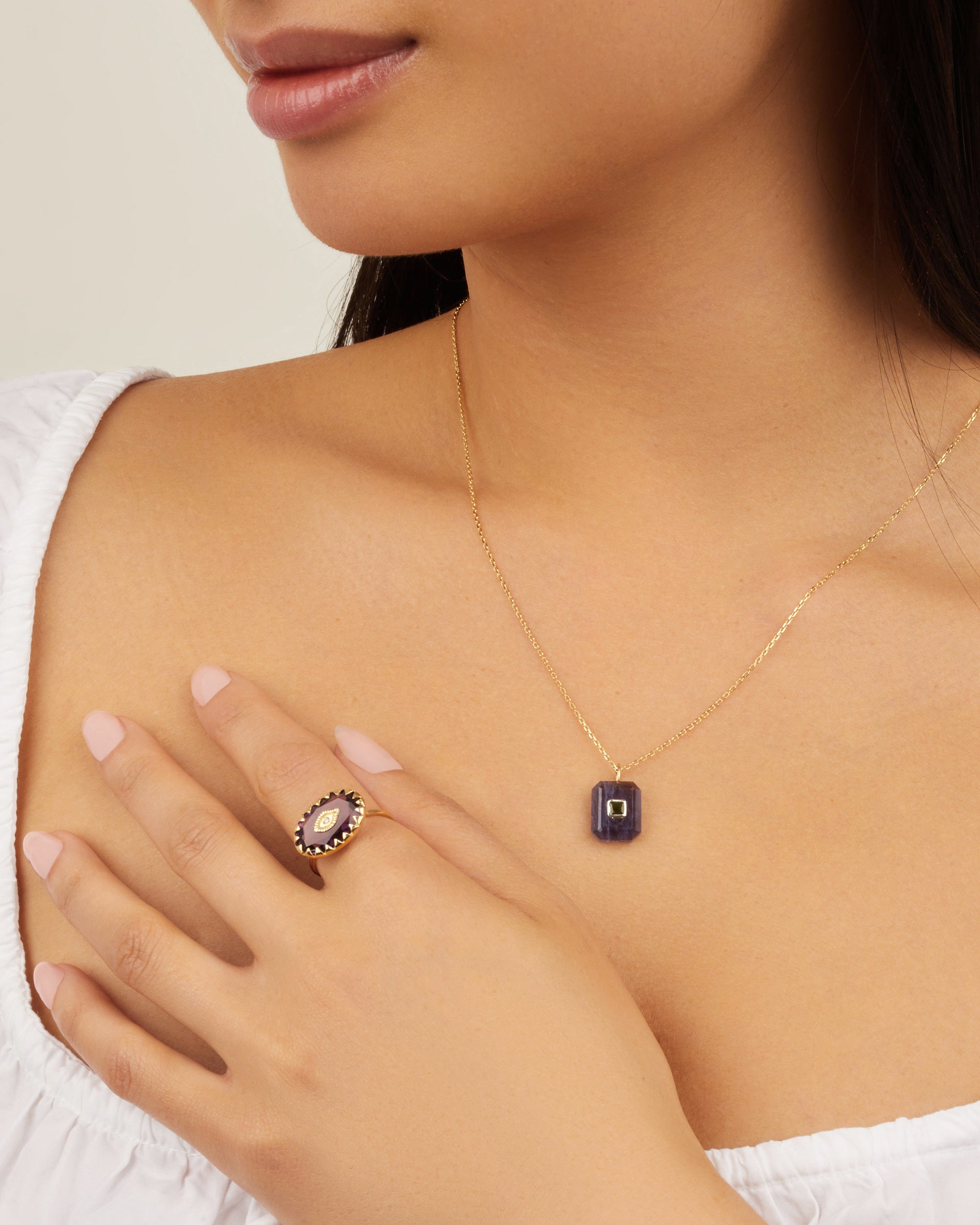 Octagonal necklace in yellow gold - Lolite & Tourmaline