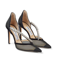 Bee pointed-toe 100 pumps in suede and mesh - Black & Crystal