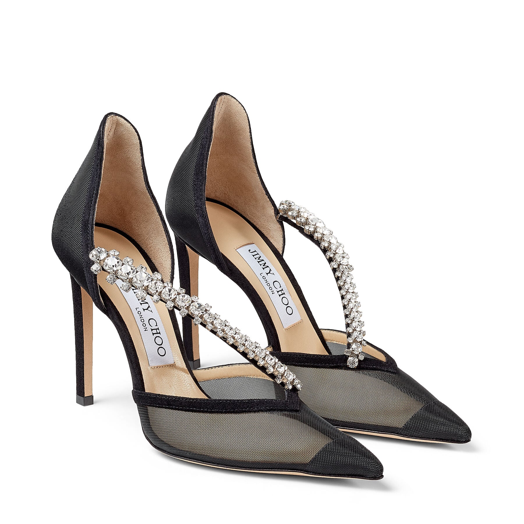 Bee pointed-toe 100 pumps in suede and mesh - Black & Crystal