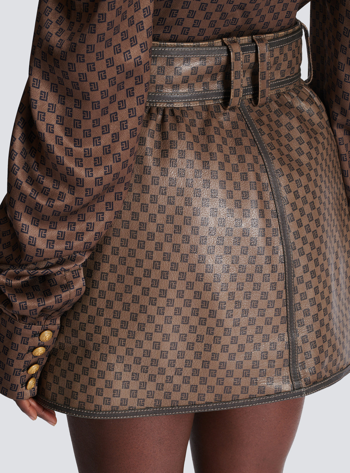 Jupe courte en cuir à imprimé mini monogramme - Marron & Marron Foncé