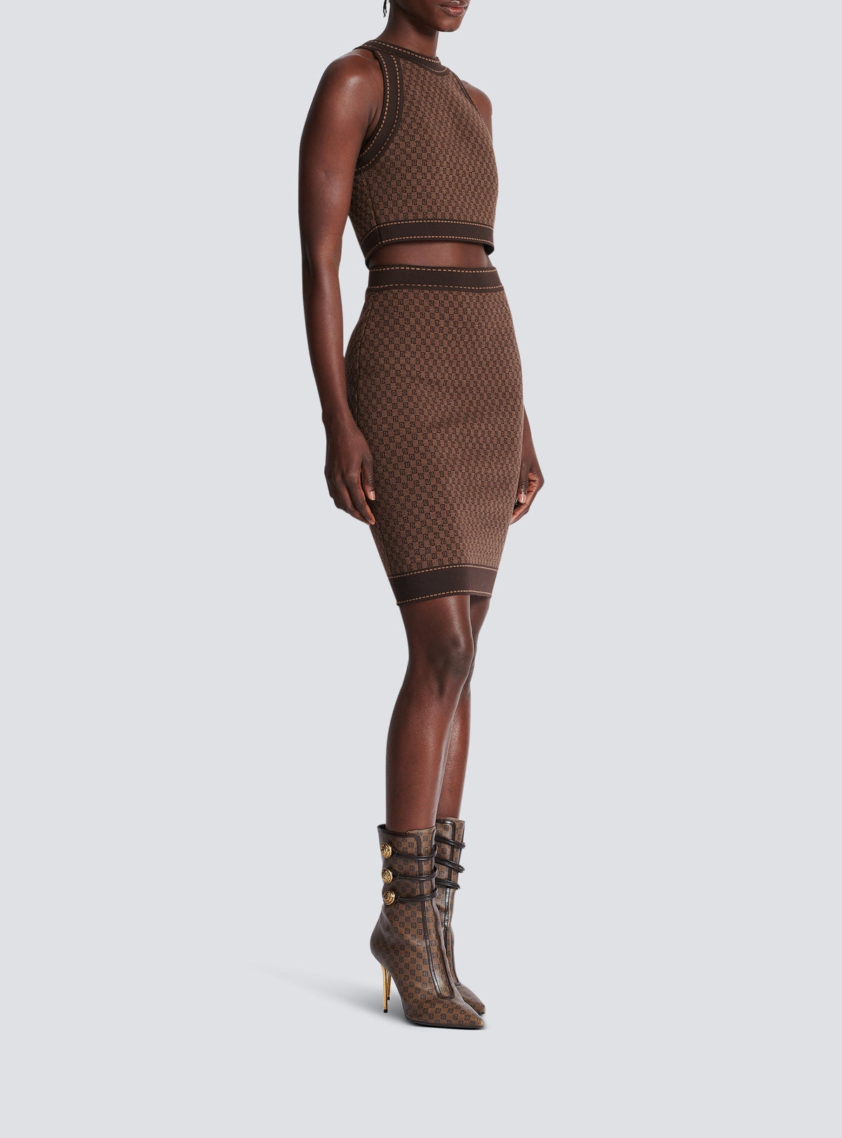 Jupe midi monogramme en laine - Marron & Marron Foncé