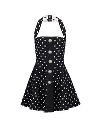 Halter-neck short dress in polka dot jacquard knit - Black & Natural