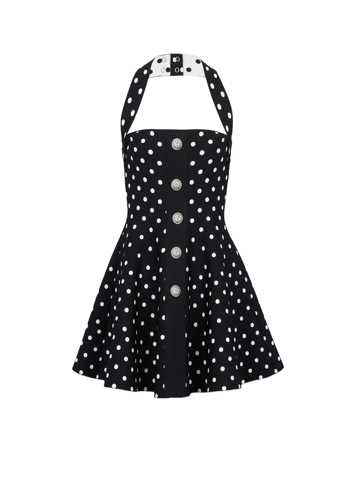 Halter-neck short dress in polka dot jacquard knit - Black & Natural