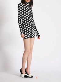 Short polka dot knit dress with high neck - Black & Natural