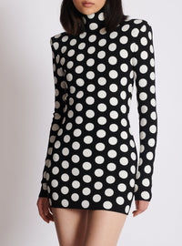 Short polka dot knit dress with high neck - Black & Natural