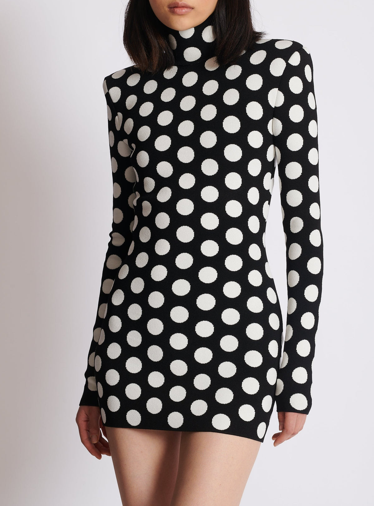 Short polka dot knit dress with high neck - Black & Natural