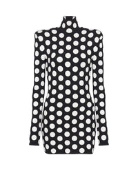 Short polka dot knit dress with high neck - Black & Natural