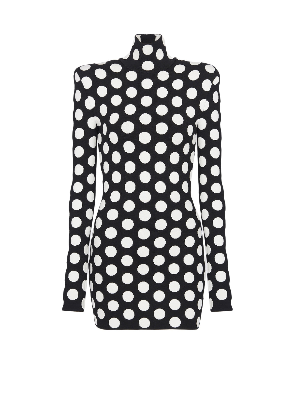 Short polka dot knit dress with high neck - Black & Natural