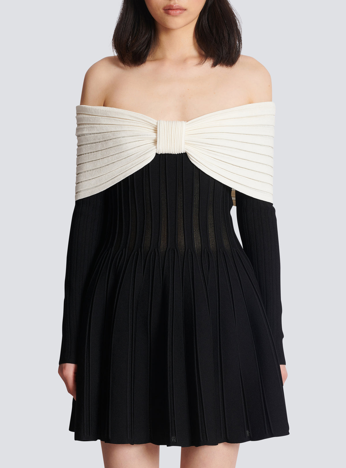 Robe patineuse épaules dénudées en maille texturée - Noir & Naturel