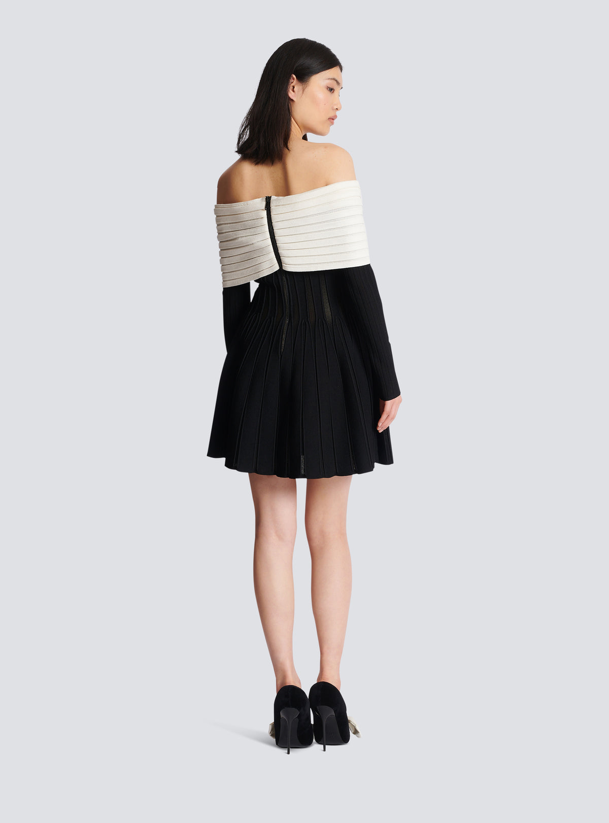 Robe patineuse épaules dénudées en maille texturée - Noir & Naturel