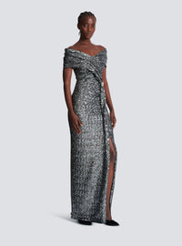 Robe longue drapée à sequins - Argent