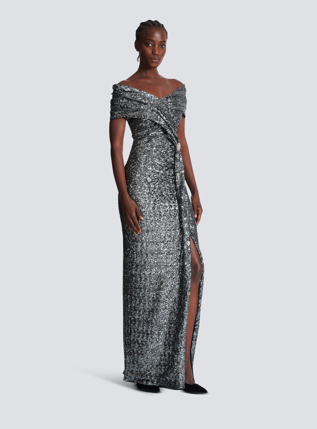Robe longue drapée à sequins - Argent