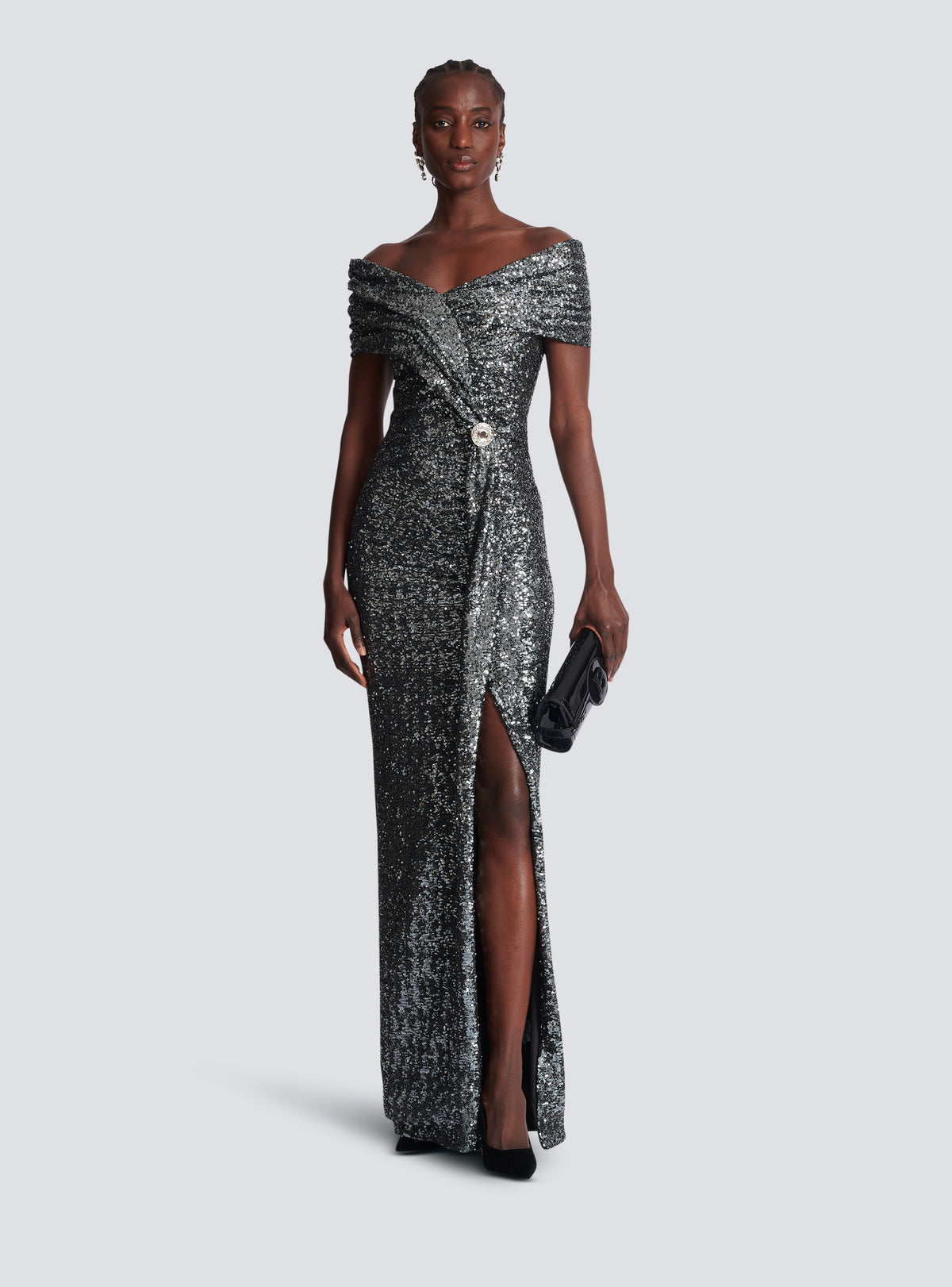 Robe longue drapée à sequins - Argent