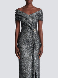 Robe longue drapée à sequins - Argent