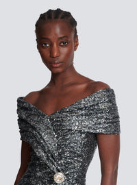 Robe longue drapée à sequins - Argent