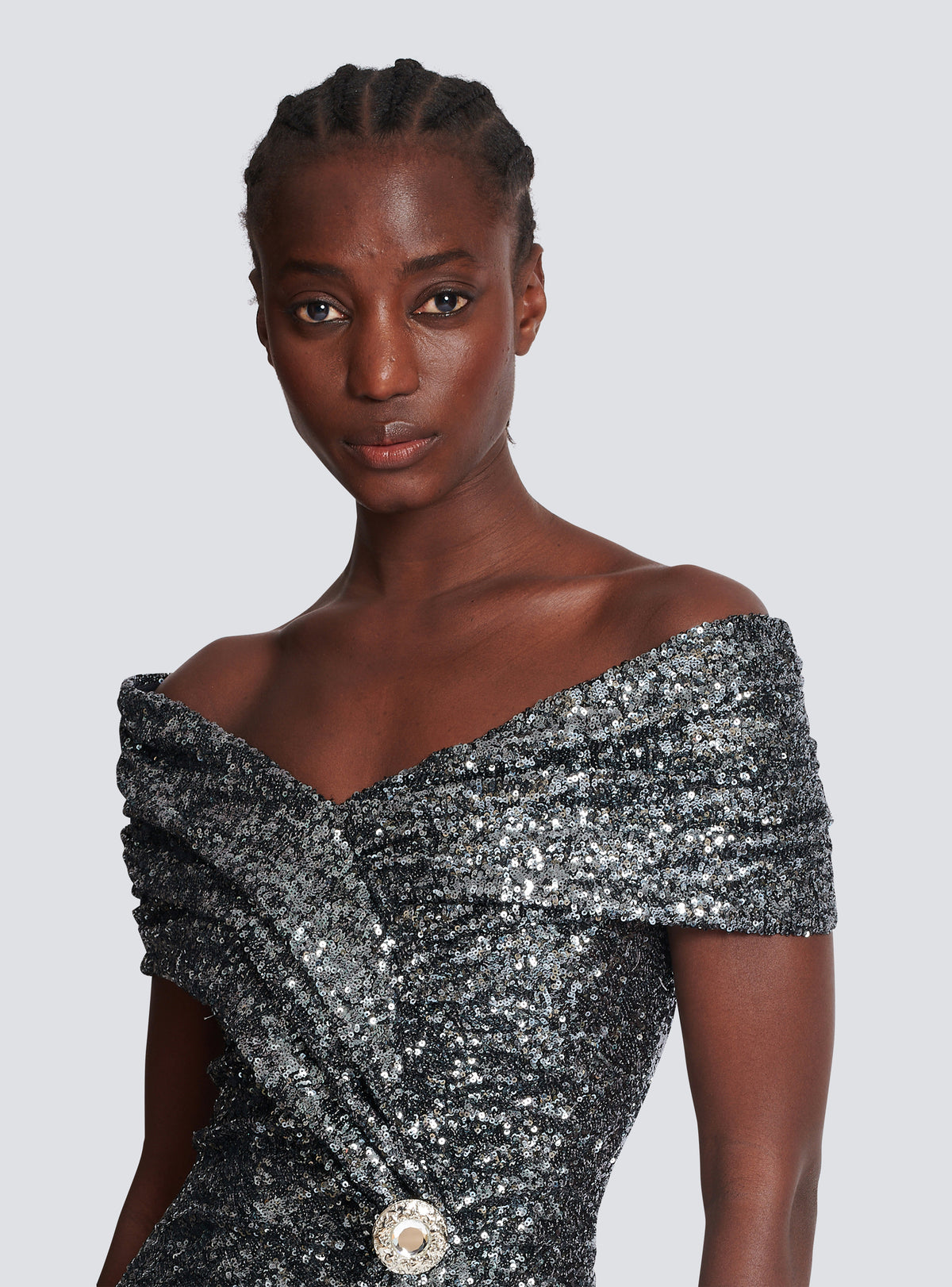 Robe longue drapée à sequins - Argent