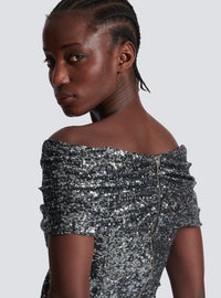 Robe longue drapée à sequins - Argent
