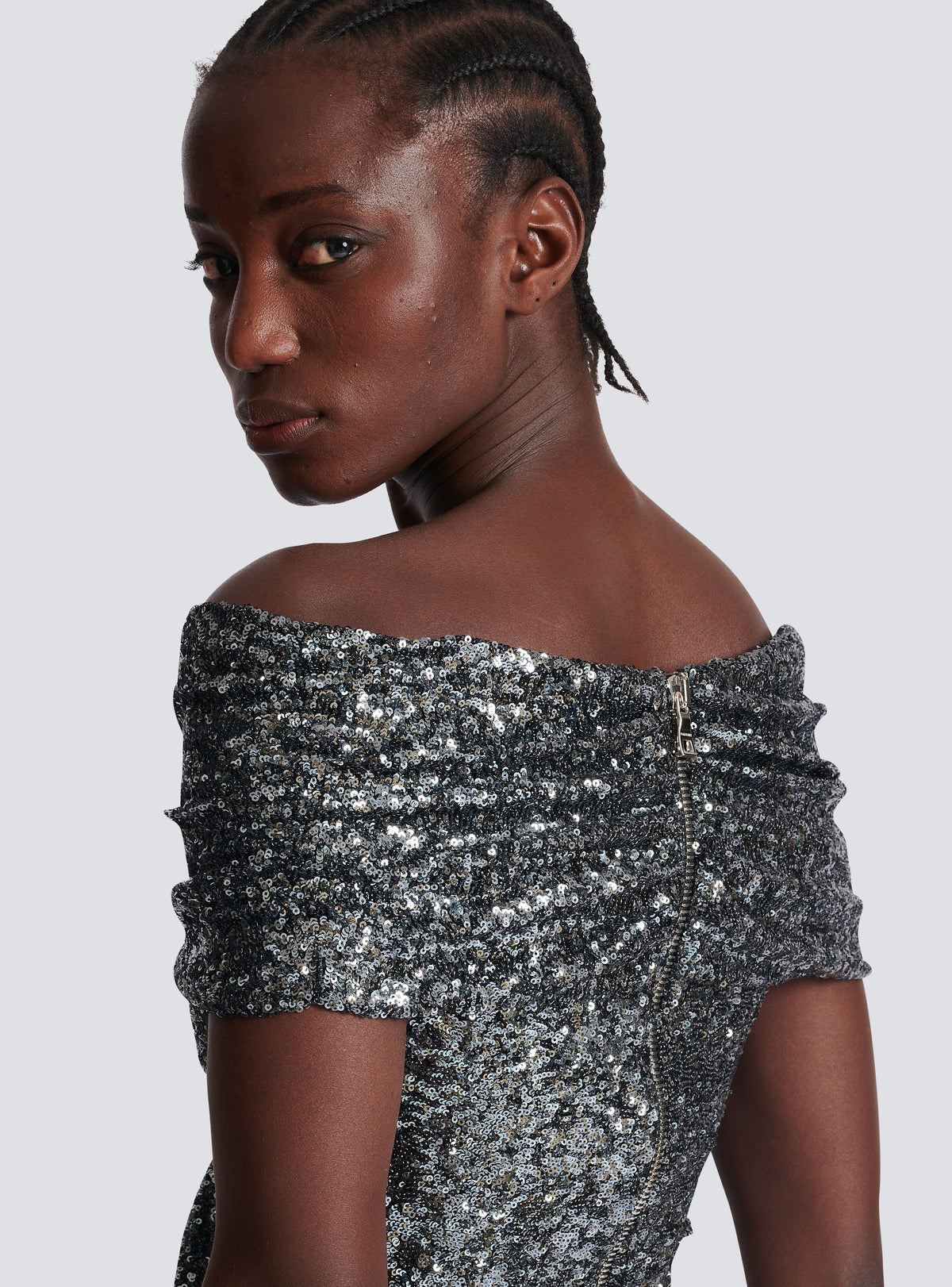 Robe longue drapée à sequins - Argent