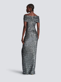 Robe longue drapée à sequins - Argent