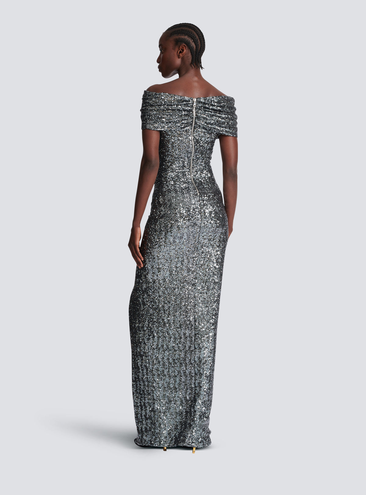 Robe longue drapée à sequins - Argent