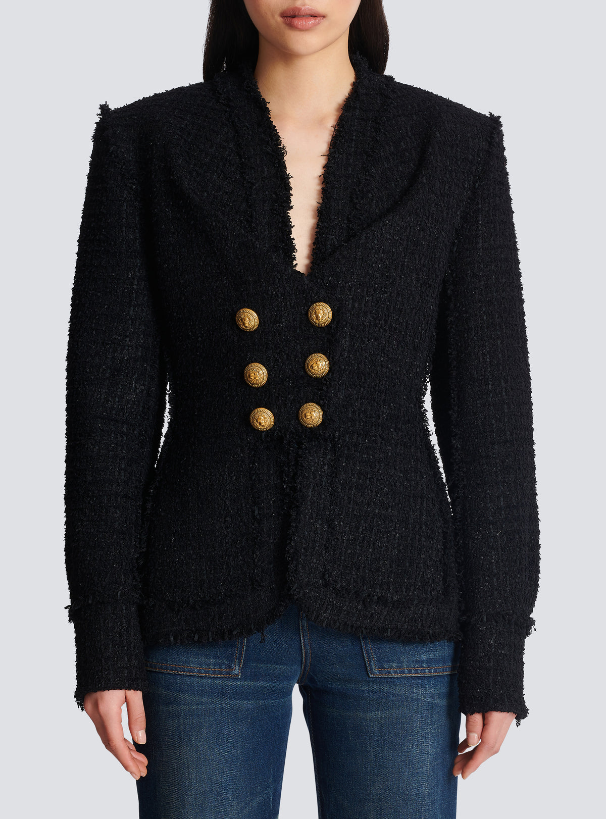 Veste sans col en tweed - Noir
