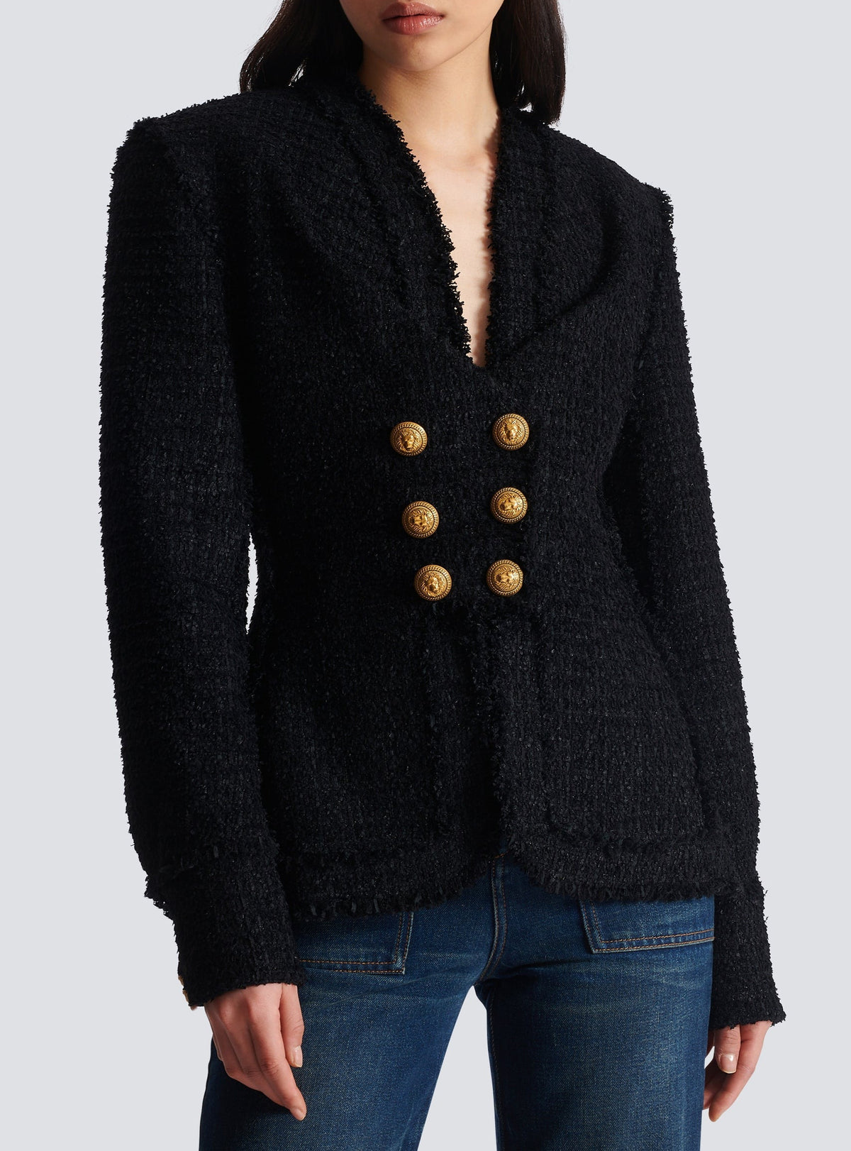Veste sans col en tweed - Noir